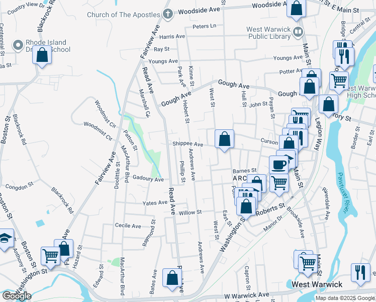 map of restaurants, bars, coffee shops, grocery stores, and more near 18 Phillips Street in Coventry