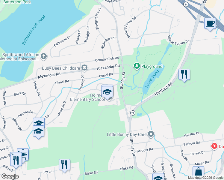 map of restaurants, bars, coffee shops, grocery stores, and more near 32 Nye Road in New Britain
