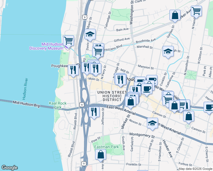 map of restaurants, bars, coffee shops, grocery stores, and more near 19 South Perry Street in Poughkeepsie