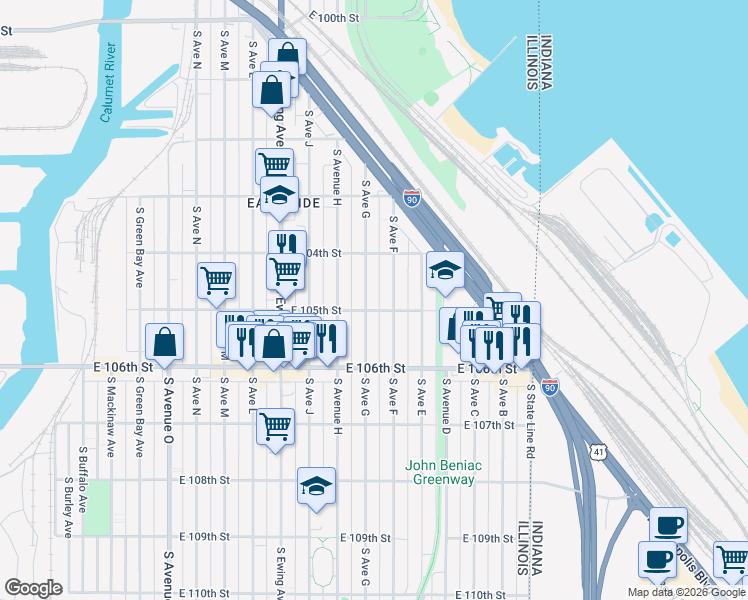 map of restaurants, bars, coffee shops, grocery stores, and more near 10500 South Avenue F in Chicago