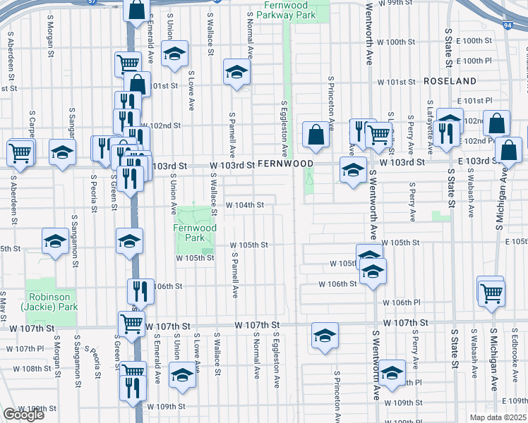 map of restaurants, bars, coffee shops, grocery stores, and more near 10420 South Eggleston Avenue in Chicago