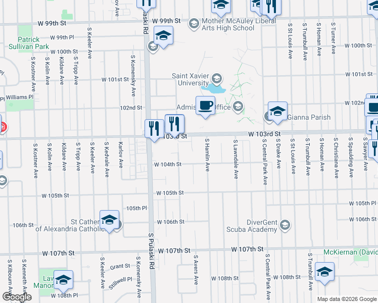 map of restaurants, bars, coffee shops, grocery stores, and more near 10339 South Avers Avenue in Chicago