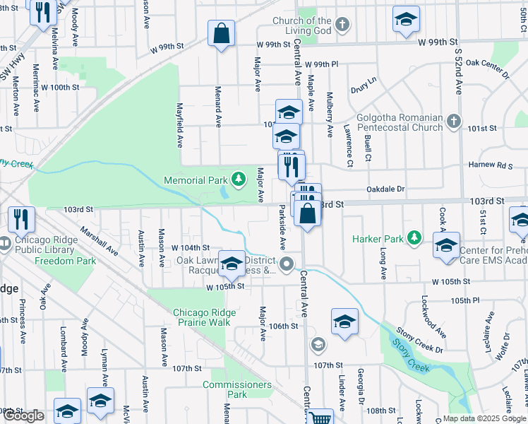 map of restaurants, bars, coffee shops, grocery stores, and more near 10308 Circle Drive in Oak Lawn