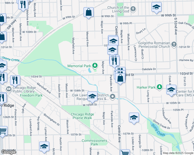 map of restaurants, bars, coffee shops, grocery stores, and more near 5736 Circle Drive in Oak Lawn