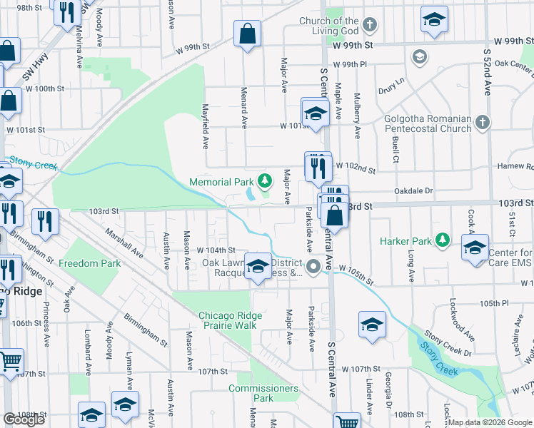map of restaurants, bars, coffee shops, grocery stores, and more near 5736 Circle Drive in Oak Lawn