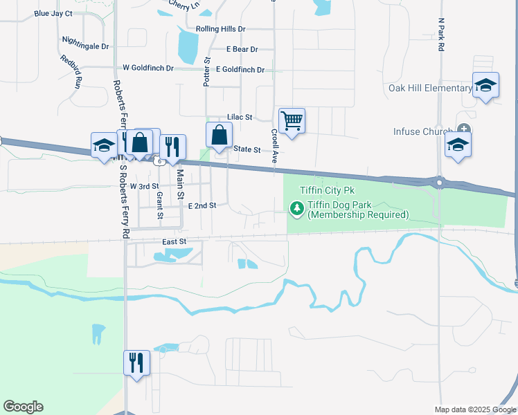 map of restaurants, bars, coffee shops, grocery stores, and more near 437 Kimberlite Street in Tiffin