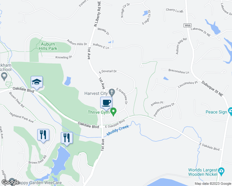 map of restaurants, bars, coffee shops, grocery stores, and more near 2284 East Grantview Drive in Coralville