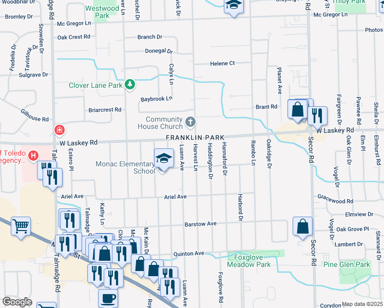 map of restaurants, bars, coffee shops, grocery stores, and more near 4909 Harvest Lane in Toledo