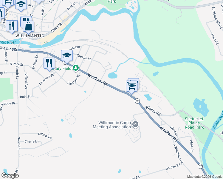 map of restaurants, bars, coffee shops, grocery stores, and more near 363 Windham Road in Windham