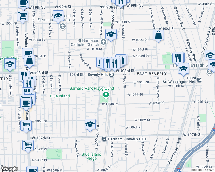 map of restaurants, bars, coffee shops, grocery stores, and more near 10356 South Walden Parkway in Chicago
