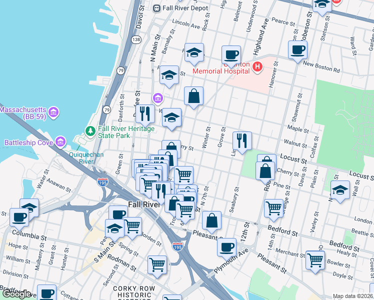 map of restaurants, bars, coffee shops, grocery stores, and more near 252 High Street in Fall River