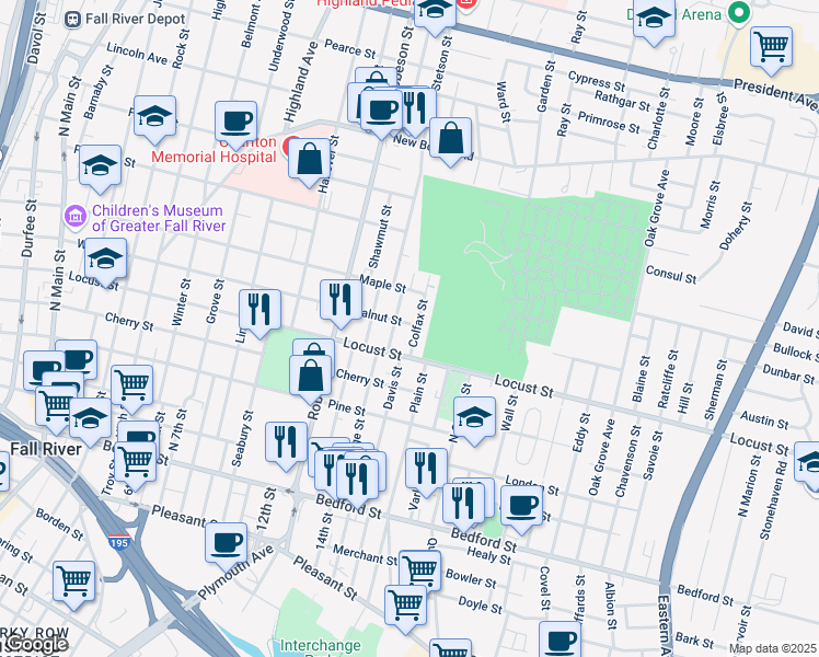 map of restaurants, bars, coffee shops, grocery stores, and more near 25 Colfax Street in Fall River