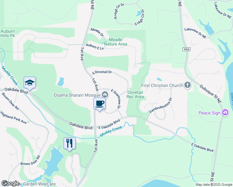 map of restaurants, bars, coffee shops, grocery stores, and more near 2216 East Grantview Drive in Coralville