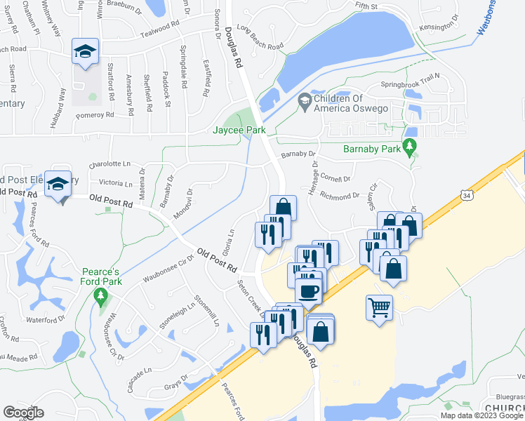 map of restaurants, bars, coffee shops, grocery stores, and more near 443 Gloria Lane in Oswego