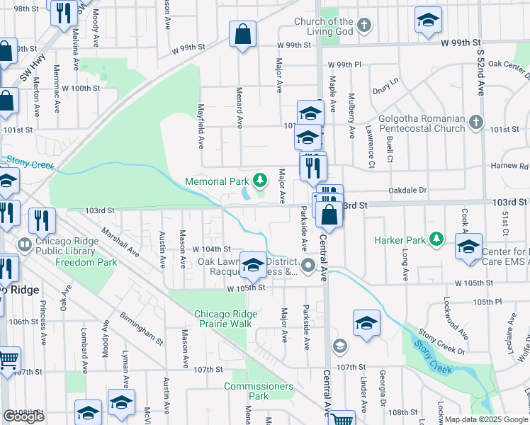 map of restaurants, bars, coffee shops, grocery stores, and more near 5733 West 103rd Street in Oak Lawn