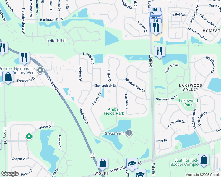 map of restaurants, bars, coffee shops, grocery stores, and more near 2269 Vicksburg Court in Aurora