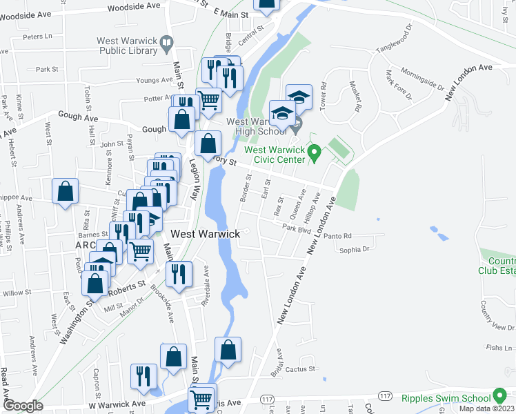 map of restaurants, bars, coffee shops, grocery stores, and more near 74 Earl Street in West Warwick