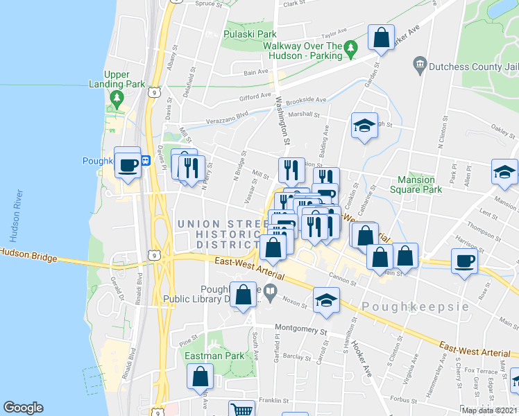 map of restaurants, bars, coffee shops, grocery stores, and more near 197 Main Street in Poughkeepsie