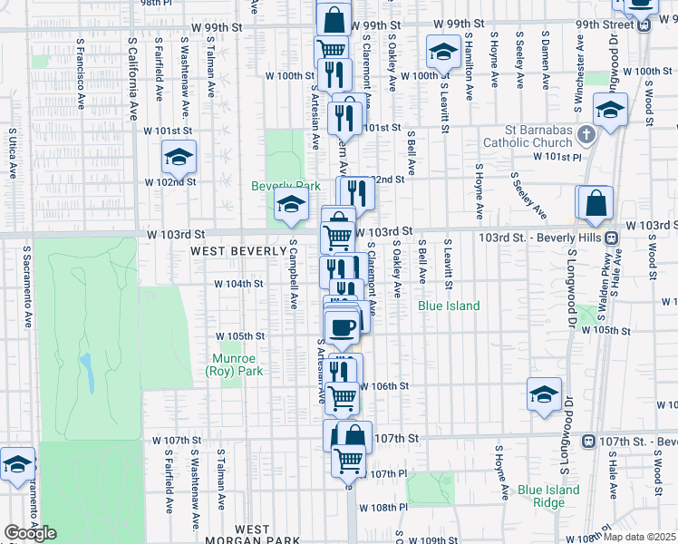 map of restaurants, bars, coffee shops, grocery stores, and more near 10401 South Artesian Avenue in Chicago