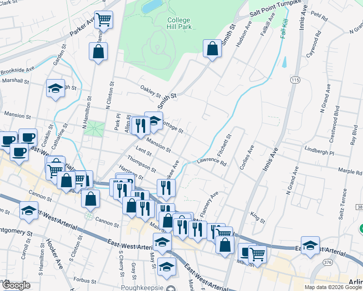 map of restaurants, bars, coffee shops, grocery stores, and more near in Poughkeepsie