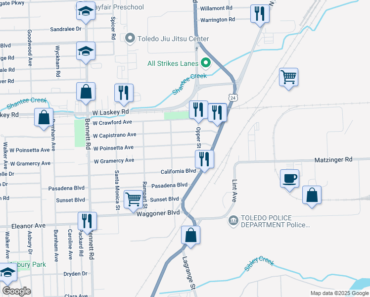 map of restaurants, bars, coffee shops, grocery stores, and more near 42 West Gramercy Avenue in Toledo