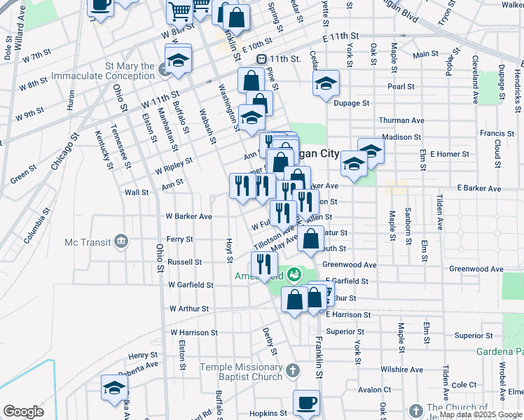 map of restaurants, bars, coffee shops, grocery stores, and more near 201-299 W Fulton St in Michigan City