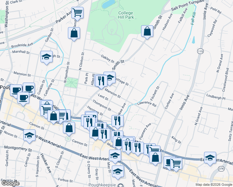 map of restaurants, bars, coffee shops, grocery stores, and more near 317 Mansion Street in Poughkeepsie