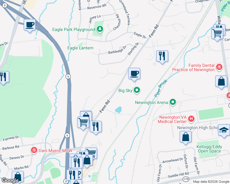 map of restaurants, bars, coffee shops, grocery stores, and more near 217 Fenn Road in Newington