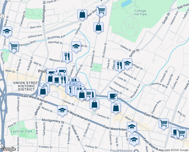 map of restaurants, bars, coffee shops, grocery stores, and more near 8 Thompson Street in Poughkeepsie