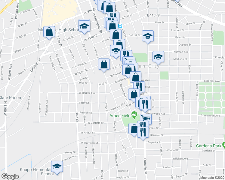 map of restaurants, bars, coffee shops, grocery stores, and more near 227 West Barker Avenue in Michigan City