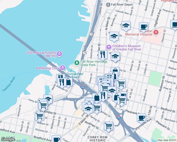 map of restaurants, bars, coffee shops, grocery stores, and more near 321 Pine Street in Fall River