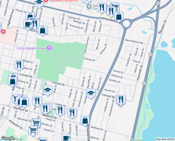 map of restaurants, bars, coffee shops, grocery stores, and more near 145 Blaine Street in Fall River