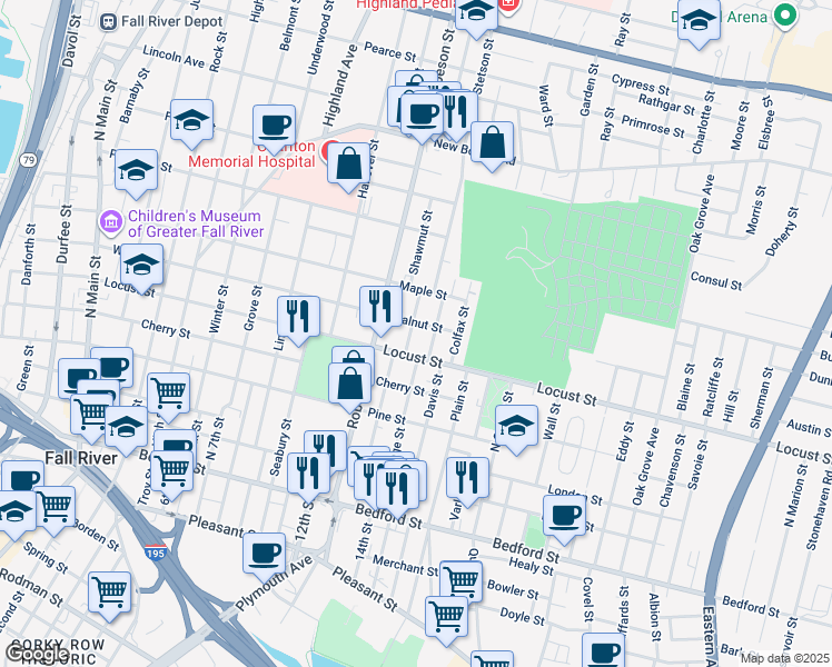 map of restaurants, bars, coffee shops, grocery stores, and more near 936 Locust Street in Fall River