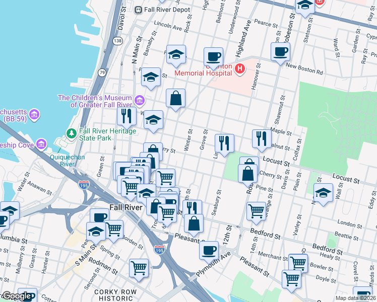map of restaurants, bars, coffee shops, grocery stores, and more near 521 Cherry Street in Fall River