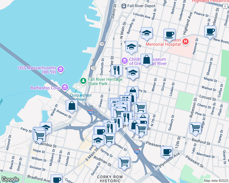 map of restaurants, bars, coffee shops, grocery stores, and more near 186 North Main Street in Fall River
