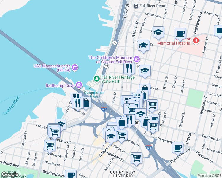 map of restaurants, bars, coffee shops, grocery stores, and more near 321 Pine Street in Fall River