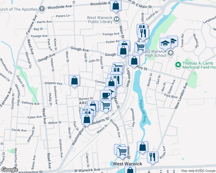 map of restaurants, bars, coffee shops, grocery stores, and more near 1227 Main Street in West Warwick