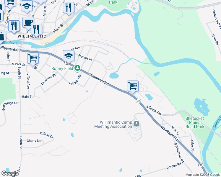 map of restaurants, bars, coffee shops, grocery stores, and more near 363 Windham Road in Windham