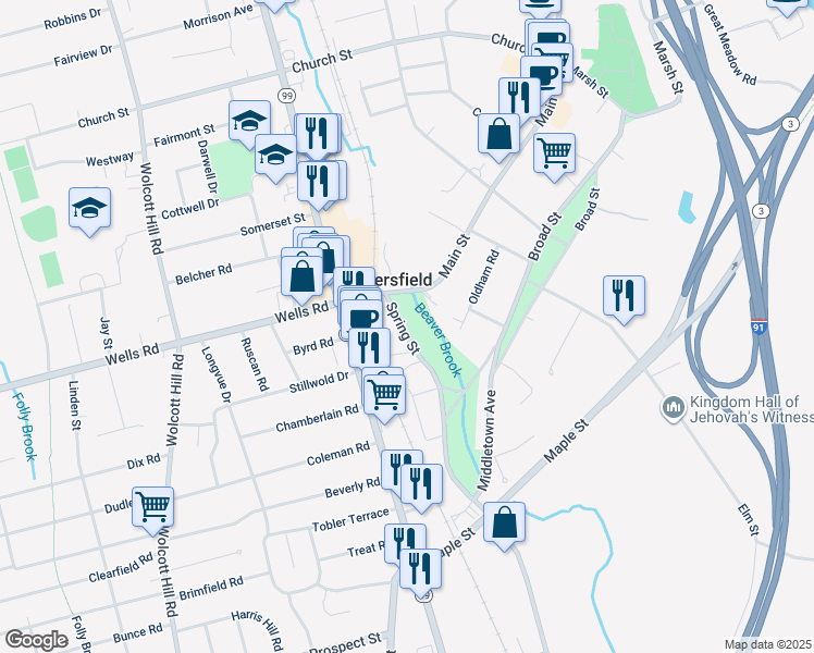map of restaurants, bars, coffee shops, grocery stores, and more near 40 Spring Street in Wethersfield