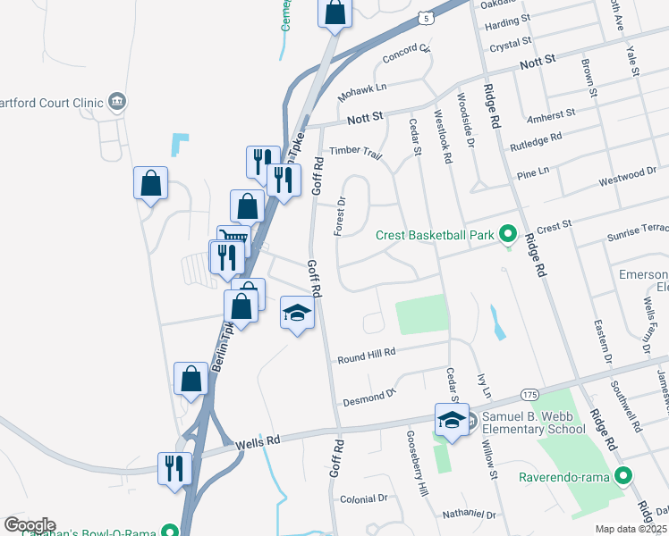 map of restaurants, bars, coffee shops, grocery stores, and more near 105 Forest Drive in Wethersfield