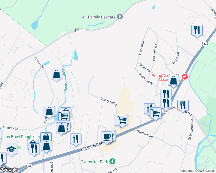 map of restaurants, bars, coffee shops, grocery stores, and more near 6008 Cherry Hill Drive in Poughkeepsie