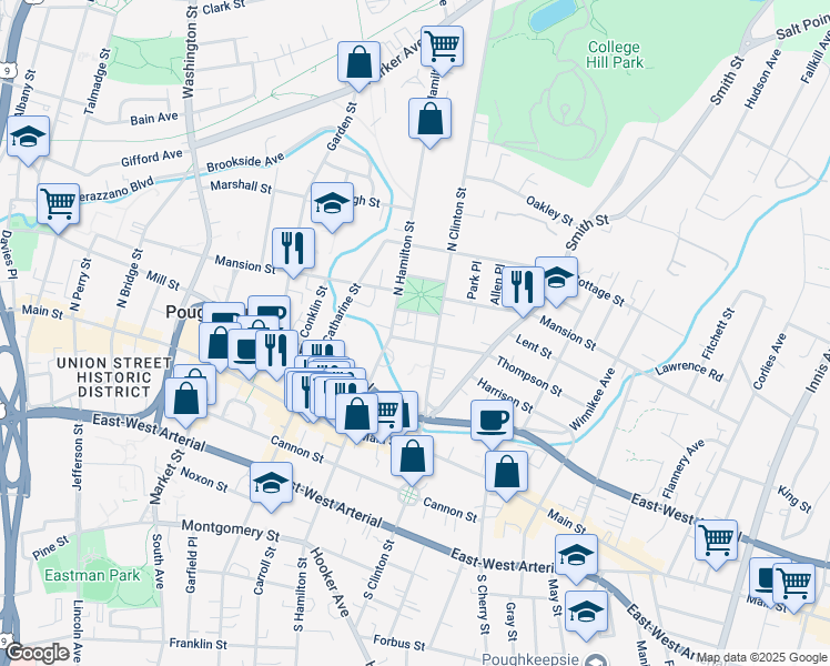 map of restaurants, bars, coffee shops, grocery stores, and more near 8 Thompson Street in Poughkeepsie