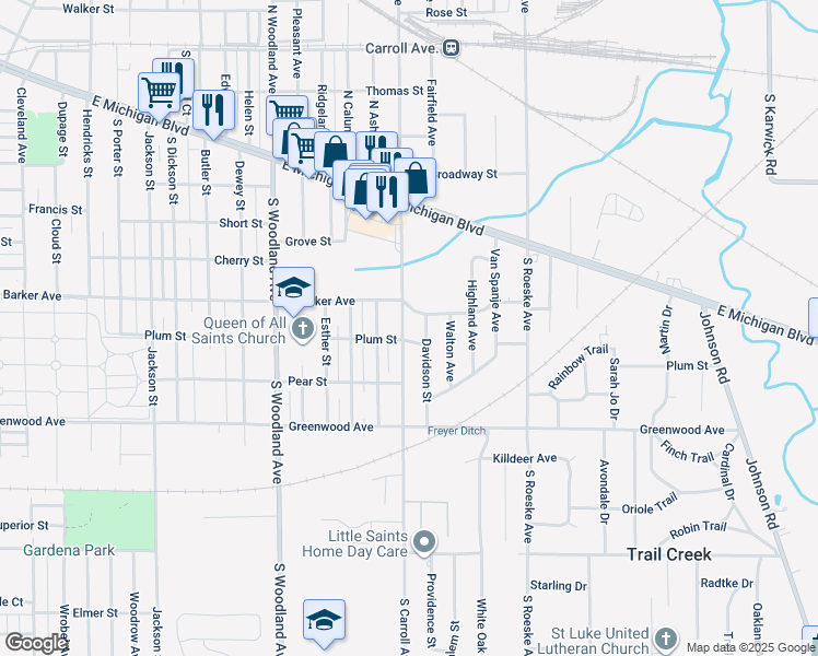 map of restaurants, bars, coffee shops, grocery stores, and more near 600-698 South Carroll Avenue in Michigan City