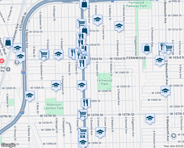 map of restaurants, bars, coffee shops, grocery stores, and more near 10416 South Emerald Avenue in Chicago