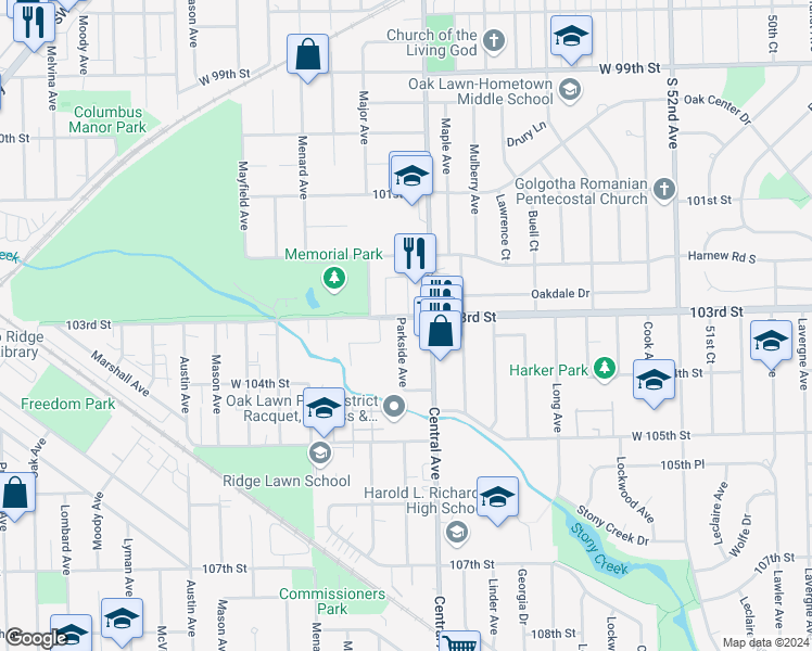 map of restaurants, bars, coffee shops, grocery stores, and more near 10315 Parkside Avenue in Oak Lawn