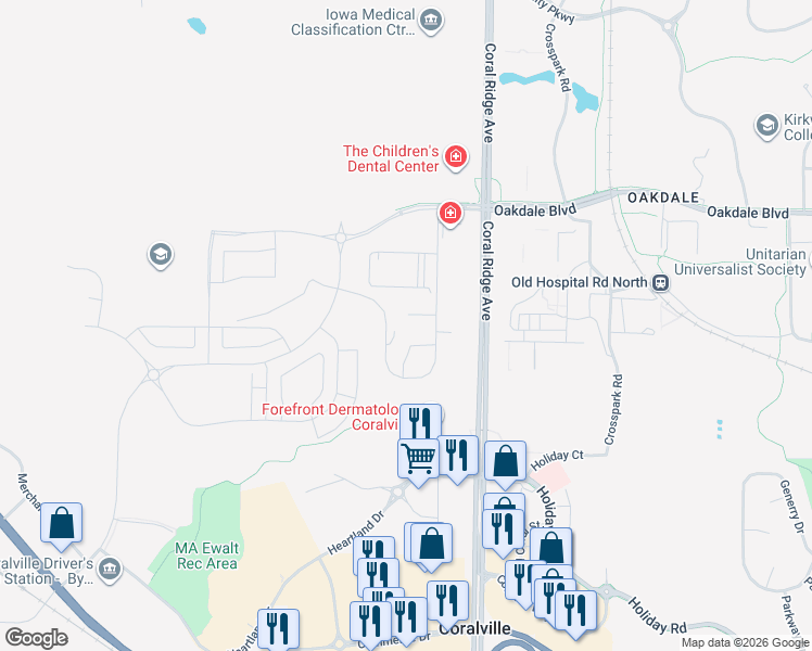 map of restaurants, bars, coffee shops, grocery stores, and more near 2865 Coral Court in Coralville