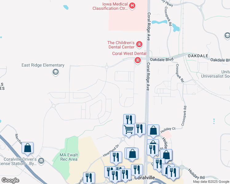 map of restaurants, bars, coffee shops, grocery stores, and more near 2886 Coral Court in Coralville