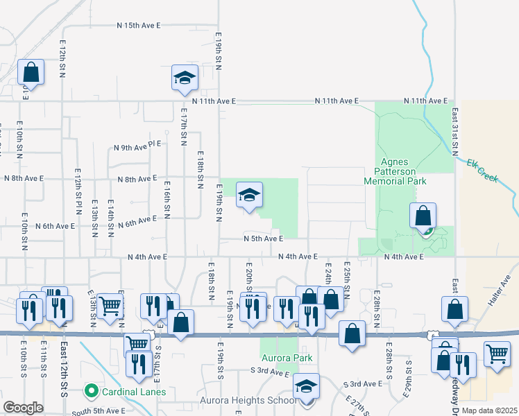 map of restaurants, bars, coffee shops, grocery stores, and more near 1900 North 5th Avenue East in Newton
