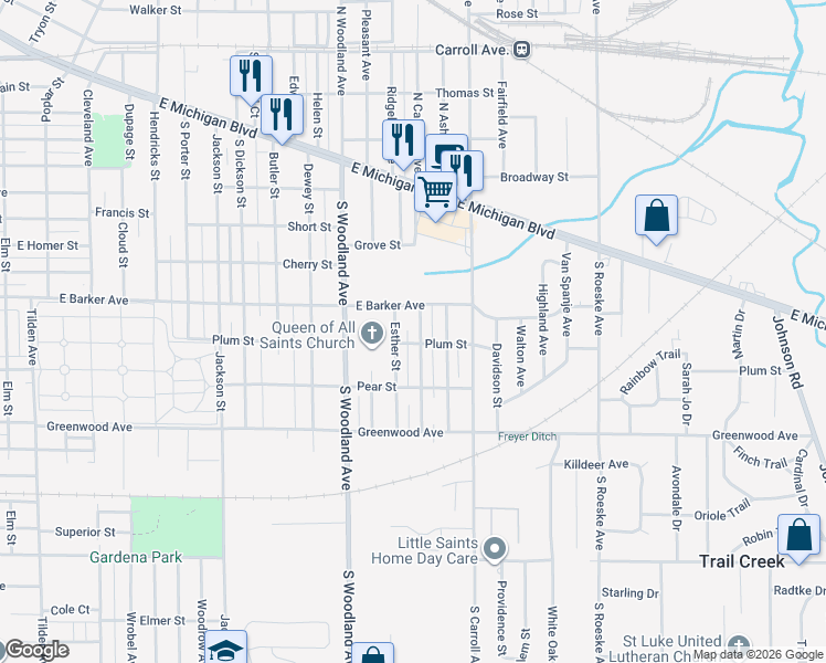 map of restaurants, bars, coffee shops, grocery stores, and more near 620 Esther Street in Michigan City