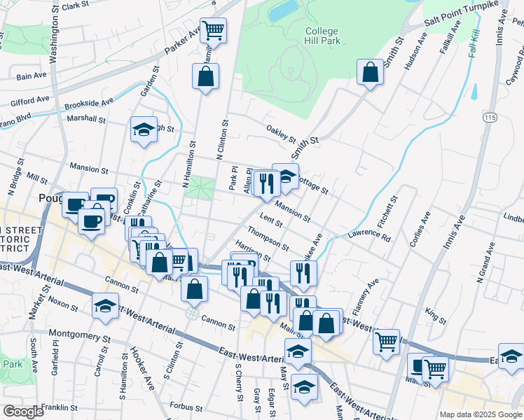 map of restaurants, bars, coffee shops, grocery stores, and more near 99 Smith Street in Poughkeepsie